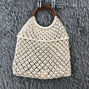 Crossi Purse Beige Boho Wood Double Handle Macrame Hand Bag